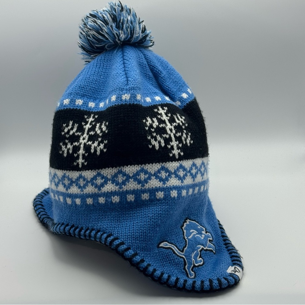 Detroit Lions Knit Earflap Beanie Hat Pom Pom ’47 Brand NFL Winter Cap